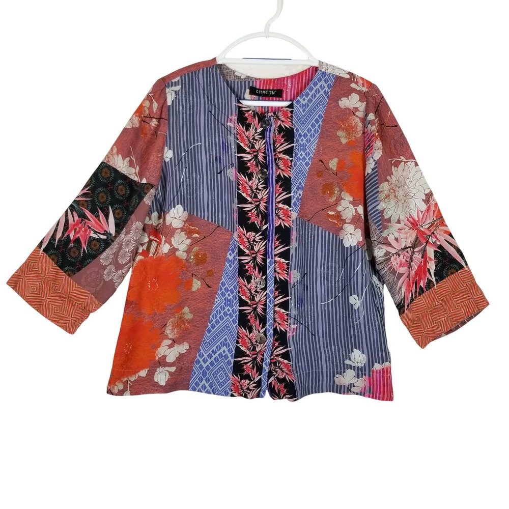 Citron Patchwork Floral Top Women XL Multicolor Silk Blend Art to Wear Blouse